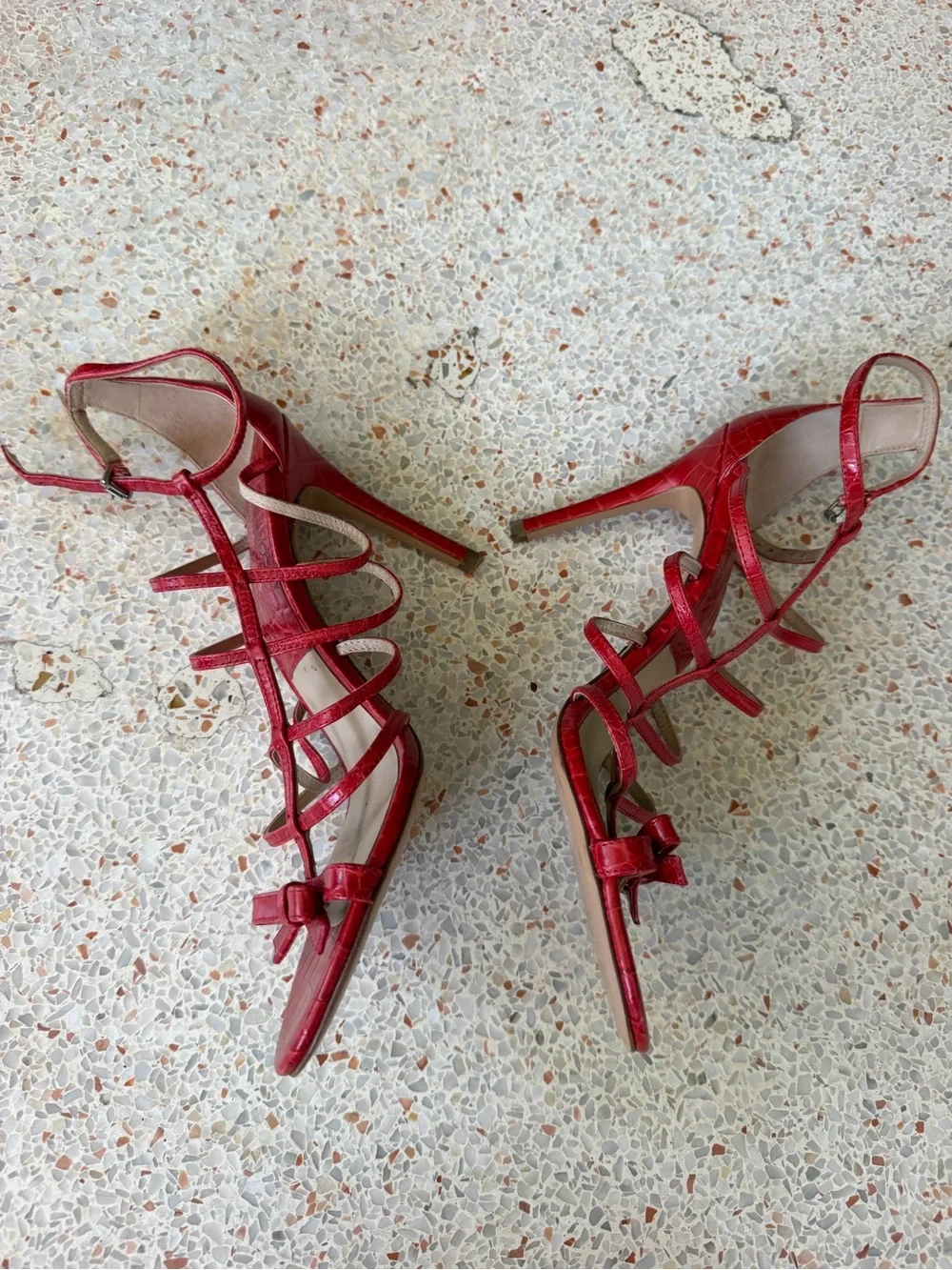 Michael Kors Red Croc-Embossed Strappy Bow Heels